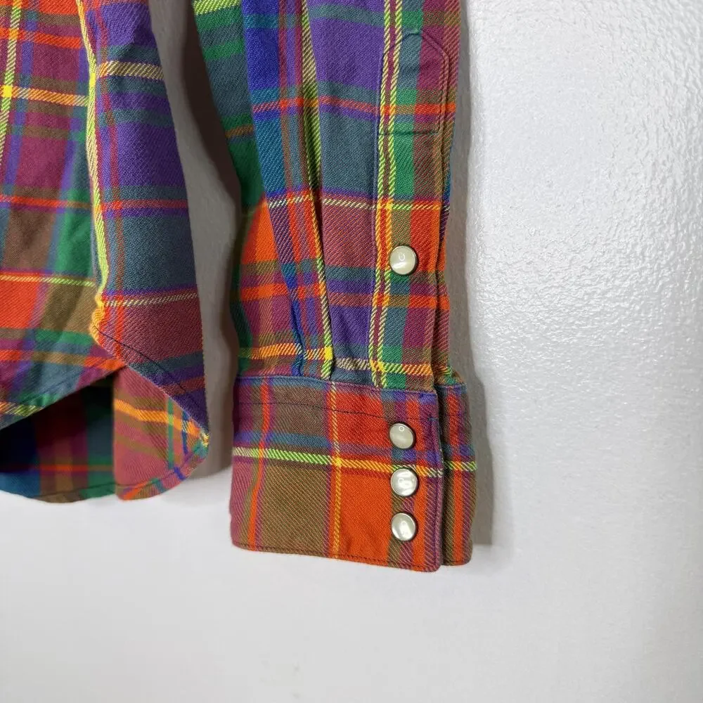 Ralph Lauren Shirt Boys 14 Plaid Western Pearl Snap Orange Long Sleeve Cotton